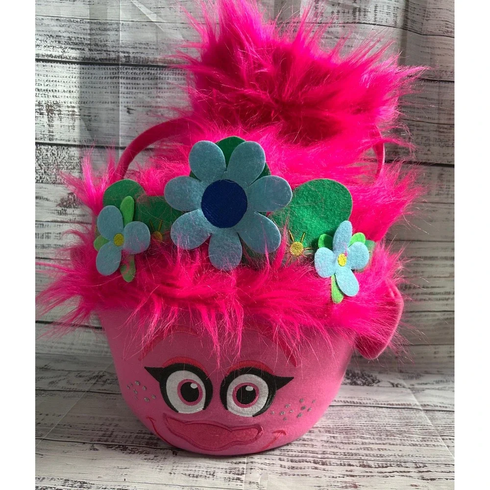 DreamWorks Trolls World Tour Poppy Easter Halloween Basket Pink Faux Fur Flower